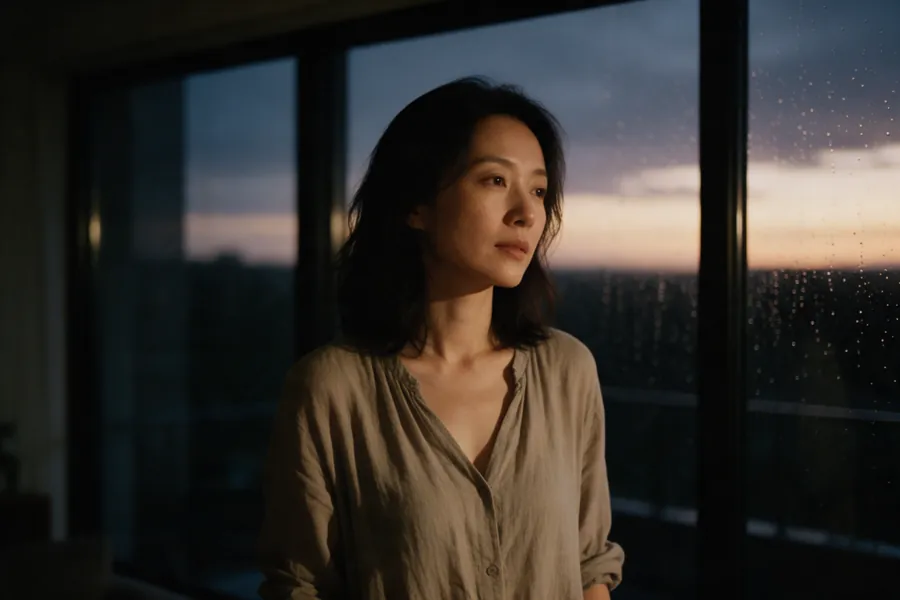 女性站在黄昏的落地窗前，神情安静